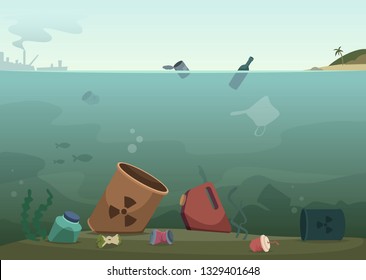 Water waste. Nature pollution plastic bottles in ocean debris dirty animals trash save nature vector concept background