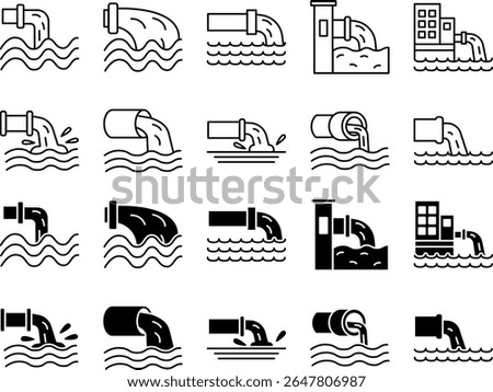 Water Waste Pipe Vector Icons – Industrial Sewage and Pollution Discharge Set