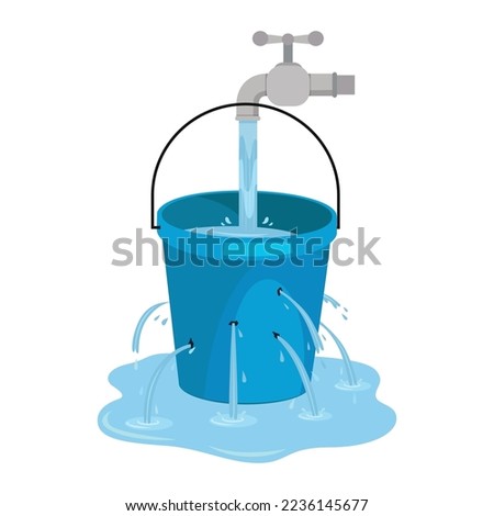 Water waste from running tap. Wastage of water theme for save water. Spread water on floor from hole bucket.