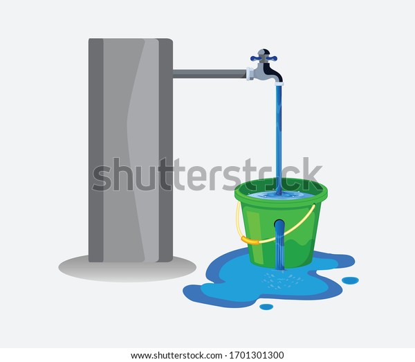 Water waste from
running tap. Wastage of  water theme for save water. Spread water
on floor from hole bucket.
