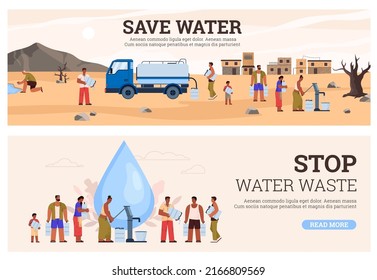 Water Waste And Scarcity Posters Set, Flat Vector Illustration. People Fill Drinking Water From The Pump And Truck, Washing Hands In Puddle. Banners With Concepts Of Climate Change And Drought.