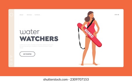 Water Watchers Landing Page Template. Experienced Female Lifeguard Character Ensuring Safety and Vigilance At The Pool Or Beach. Proficient In Rescue Techniques. Cartoon People Vector Illustration