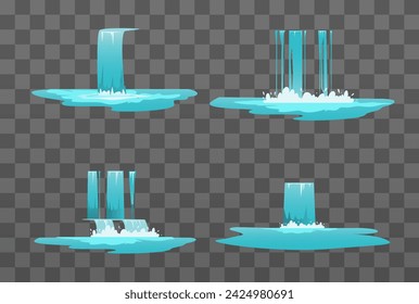 Agua de cascada, conjunto de ilustraciones vectoriales aisladas dibujadas en estilo de dibujos animados planos. El agua fluye en un poderoso arroyo sin roca, tierra u otra naturaleza. Recorte parte de una cascada con agua