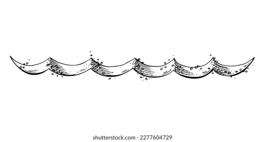Water wave, abstract in cartoon style with splashes. Black and white hand-drawn illustration in graphic technique. Isolated, vector object from the NAUTICAL GRAPHICS collection. For design.