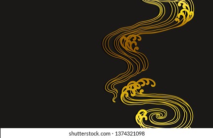 Water wave art seamless background. Golden line minimal asian style on dark gray. Japanese. Chinese. Thai.