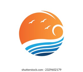 Water wave beach blue water and Fly Bird logo vector