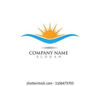 Water wave beach and sun logo vector template