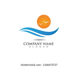 Water wave beach and sun logo vector template