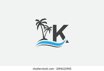 Diseño del logo de la ola de agua y el arte de los árboles de playa con alfabeto