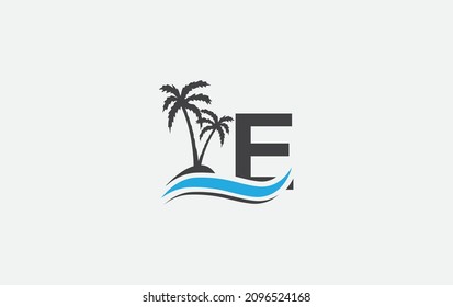 Water wave and beach tree art logo design with alphabet