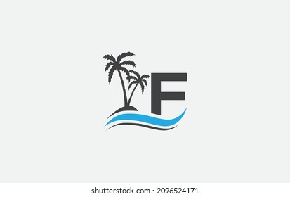 Diseño del logo de la ola de agua y el arte de los árboles de playa con alfabeto