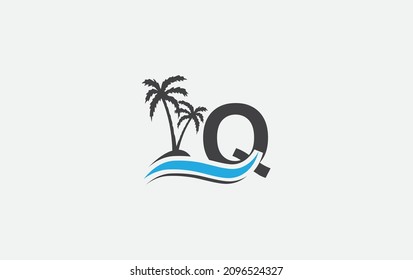 Diseño del logo de la ola de agua y el arte de los árboles de playa con alfabeto
