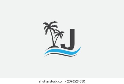 Water wave and beach tree art logo design with alphabet