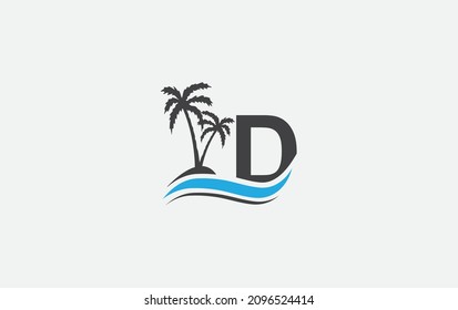 Water wave and beach tree art logo design with alphabet