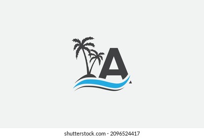 Water wave and beach tree art logo design with alphabet