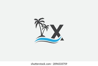 Water wave and beach tree art logo design with alphabet