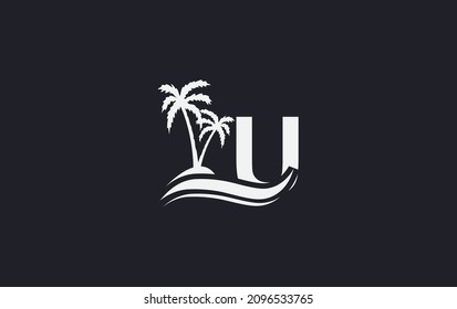 Water wave and beach tree art logo design with alphabet