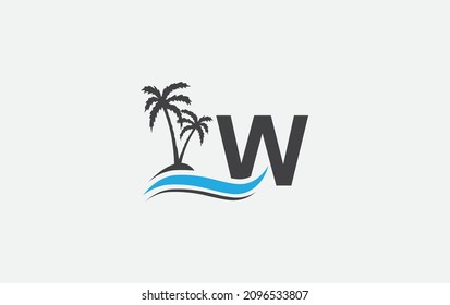 Water wave and beach tree art logo design with alphabet
