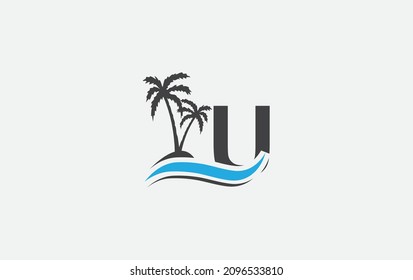 Water wave and beach tree art logo design with alphabet