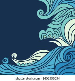Water and wave border. Abstract water background with hand-drawn curls. Blue tide vector background. Sea and ocean theme. EPS 8