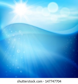 Water wave with bubbles in sunny day. EPS10 vector.