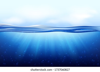 Water wave clean liquid background. Realistic deep underwater ocean scene with seashells. Banner with horizontal transparent water surface.