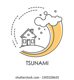 Water wave covers house, tsunami natural disaster isolated icon vector. Human life threat, estate damage, climate change, environment and ecological problem. Hurricane or flood warning and awareness
