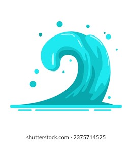 Water wave in the flat cartoon style isolated on white background. Blue water motion effects, flows, streams, spills. Falling aqua drops splash. Vector illustration
