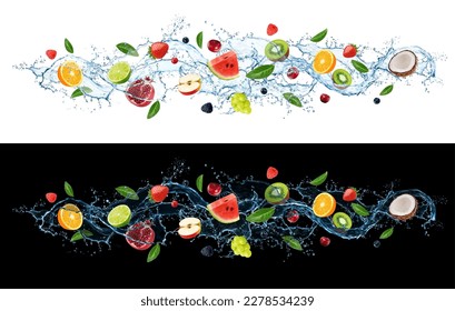 Water wave flow splash with fruits. Realistic 3d vector liquid flow with mix of fresh orange, lime, garnet and apple, strawberry, cherry, watermelon or kiwi with coconut. Vitamin drink stream