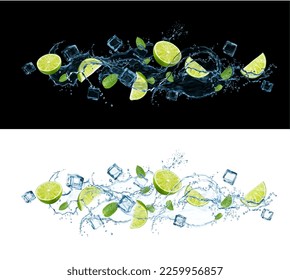 Flujo de olas de agua con salpicaduras, cal y hojas de menta. Bebida de Mojito, té, bebida refrescante con cubos de hielo y follaje de menta. Giro líquido vectorial 3d realista, flujo con rodajas de cítricos