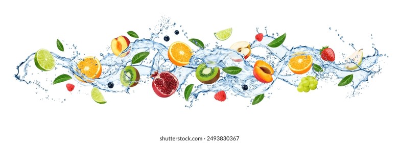 Water wave flow splash with ripe fruits and green leaves. Vector 3d fresh lemon, pomegranate, apple and lime, orange, kiwi, strawberry and grapes, peach and raspberry in realistic water splash, drops