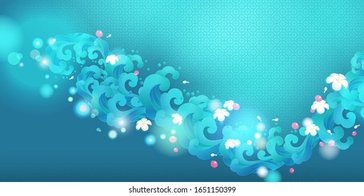 Water wave and flower vector illustration. Traditonal and cultural design with light and bokeh shining and Thai art line graphic. For Songkran Festival Thailand concept.