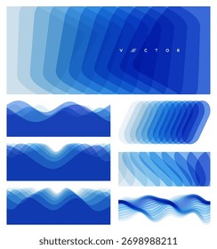 A water wave formed by multiple overlapping stripes. Natural background. Dynamic effect of moving waves. Abstract ocean seascape. Sea surface. Vector design for a banner, poster, or flyer.