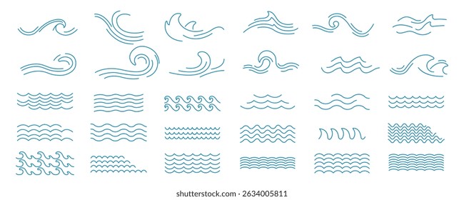 Water wave icon set featuring blue line art illustrations of ocean waves, tide patterns, sea ripple symbols ideal for marine graphics, surf design, and environmental water projects
