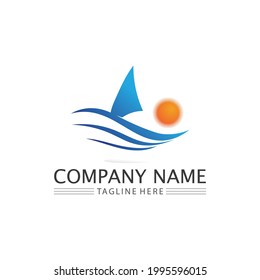 Vector de icono de onda de agua con icono de sol y barco logotipo de diseño para negocios y naturaleza