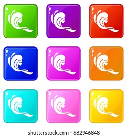 Water wave icons of 9 color set isolated vector illustration