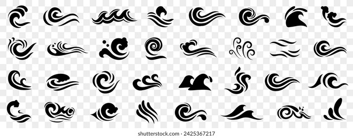 Water wave icons in black. Wave shapes collection. Set of sea wave logo in black. Water wave icons collection