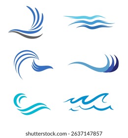 Water wave icons in different shapes. Wave shapes collection featuring sea wave logos in black. Water wave icons set.