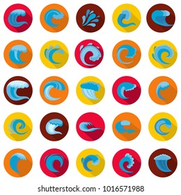 Water wave icons set. Flat illustration of 25 water wave vector icons circle isolated on white