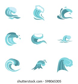 Water wave icons set. Flat illustration of 9 vector icons for web