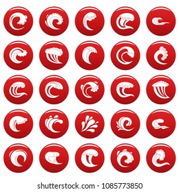 Water wave icons set. Simple illustration of 25 water wave vector icons red isolated