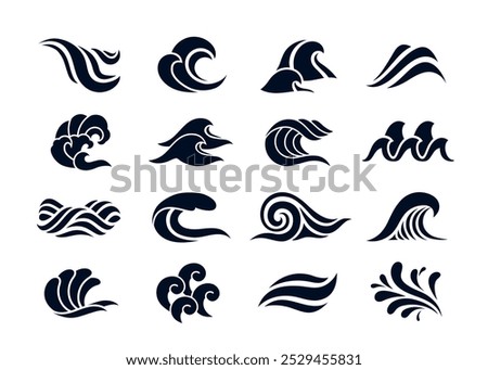 Water wave icons set. Simple black symbols and silhouettes of sea or ocean waves of different shapes. Design Elements for Logo. Flat vector illustration collection isolated on white background