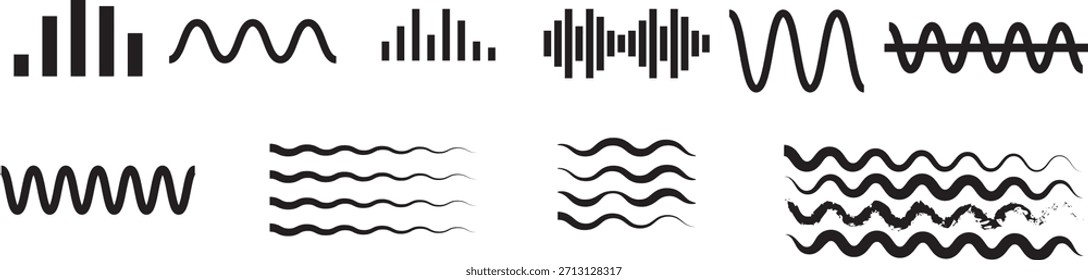 Conjunto de iconos de onda de agua, ondas de sonido, podcast, mensaje de voz, concepto de ecualizador de App de música, ondas de audio en zigzag logotipo de diseño de arte de la onda, gráfico de Vector,
