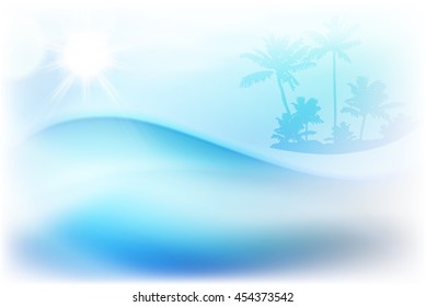 Water wave and island with palm trees in sunny day. EPS10 vector.