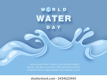 Water wave in layers paper cut style with wording of World water day, example texts on blue paper pattern background. Poster's campaign of water day in vector design.