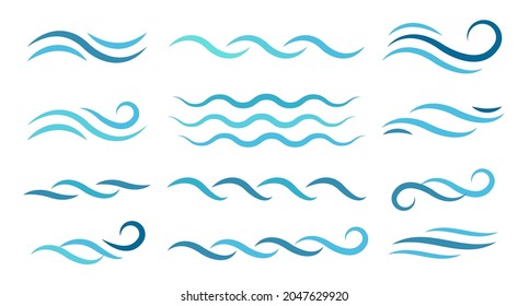 Water wave line art set. Wave beach vector symbol or logo design collection. Abstract water waves see blue vector design elements. 