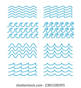 Water wave line icon set. Curled ocean, sea waves. Aqua splash form. Blue wavy liquid shapes. Editable stroke. vector illustration