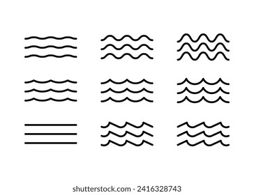 Water wave, line icon set. Sea, river, ocean, swimming pool symbol. Calm, still and rough water. Wavy element. Vector outline illustration