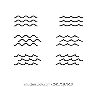 Water wave, line icon set. Sea, river, ocean, swimming pool symbol. Rough water. Wavy element. Vector outline illustration