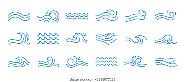 Water wave line icons. Flowing river water and sea wave marks, outline liquid elements and swirl marks for logo design. Vector isolated set of sea line water illustration